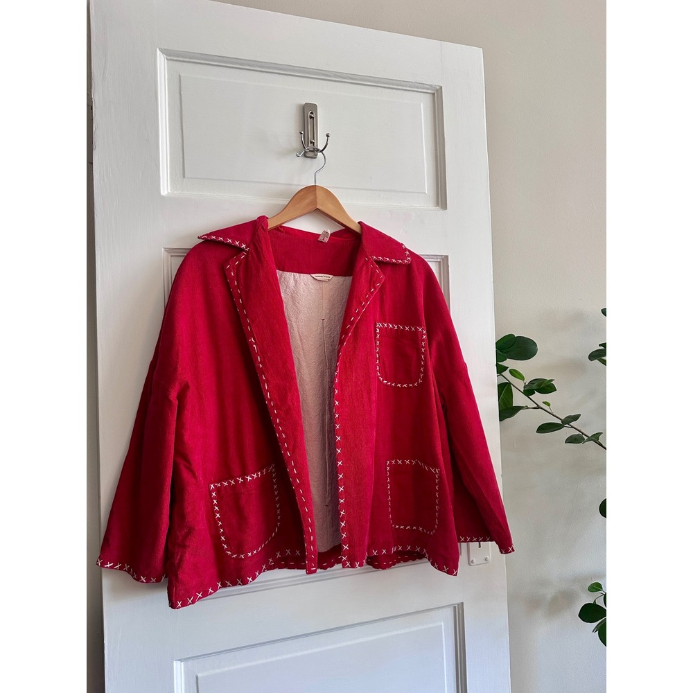 Runaway Bicycle Red Corduroy Cross Stitch Chore Coat Jacket Womens SM